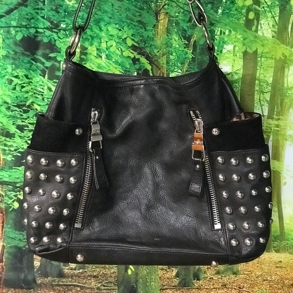 B Makowsky Black Leather & Silver Stud Crossbody. - Picture 7 of 16
